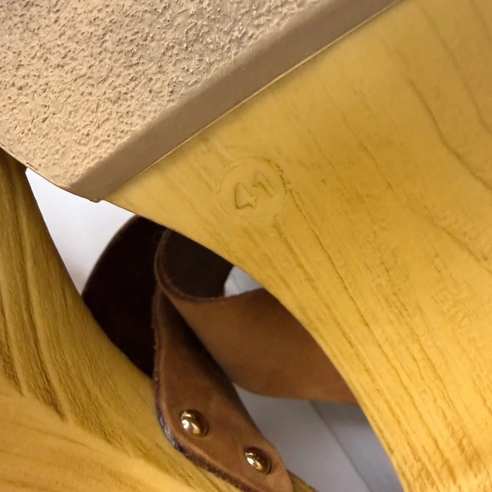 Brown Suede Wood Platform Heels Block Slide Sandals Womens 41 Chic Boho Cottage - Picture 7 of 7